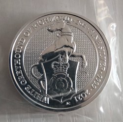 Reino Unido. 5 libras 2021 Silver Queen's Beasts White Greyhound of Richmond Coin BU - 2 oz