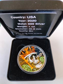 Estados Unidos. 1 Dollar 2020 - Silver Eagle - King Skull Colorized - 1 oz with BOX and COA