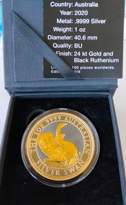 Australia. 1 Dollar 2020 Australian Silver Swan Black Ruthenium Gold Gilded - 1 oz