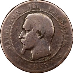 Dix centimes, tête nue, Napoléon III, 1855, ancre, Rouen