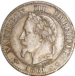 Deux centimes, tête laurée, Napoléon III, 1861, Strasbourg