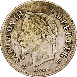 20 centimes Napoléon III, tête laurée, petit module, Napoléon III, 1866, Paris
