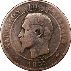 Dix centimes, tête nue, Napoléon III, 1855, ancre, Paris