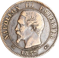 Deux centimes, tête nue, Napoléon III, 1857, grand lion grand D, Lyon