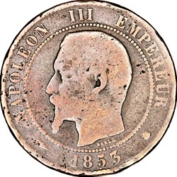 Dix centimes, tête nue, Napoléon III, 1853, coquille à l'envers, Marseille