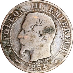 Cinq centimes, tête nue, Napoléon III, 1854, petite abeille, Strasbourg