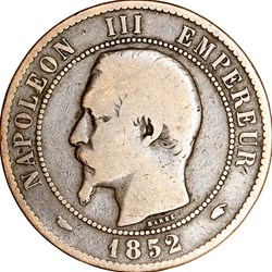 Dix centimes, tête nue, Napoléon III, 1852, Paris