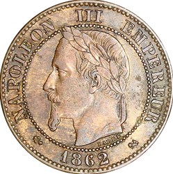 Deux centimes, tête laurée, Napoléon III, 1862, Bordeaux