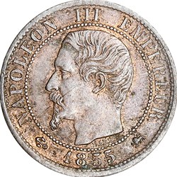 Un centime, tête nue, Napoléon III, 1855, ancre, Lyon