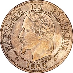 Deux centimes, tête laurée, Napoléon III, 1862, petit BB, Strasbourg