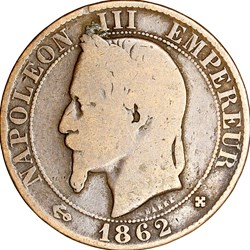 Cinq centimes, tête laurée, Napoléon III, 1862, Strasbourg
