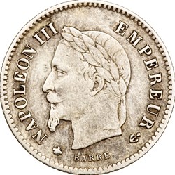 20 centimes Napoléon III, tête laurée, grand module, Napoléon III, 1867, Paris