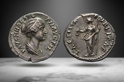 Faustina II AR Denarius (LAETITIAE PVBLICAE, RIC III 506a)