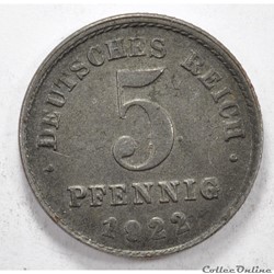 5 Pfennig Empire 1922 Allemagne