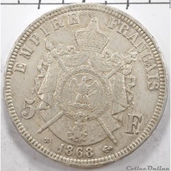 5	Franc	Napoleon III tete Laurée	1868