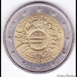 Pièce 2 euros. 10e anniversaire de la mise en circulation des billets et des pièces en euro