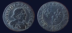 .LOYS. XIII. R. D. FRA[N.] ET. NAV.. / + DOVBL[E. T]OVRNOIS. 1637.