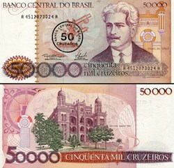 BRÉSIL - PICK 207 - 50 CRUZADOS sur 50 000 CRUZEIROS - 1986