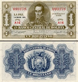 BOLIVIE - PICK 128 c 2 - 1 BOLIVIANO - 1952