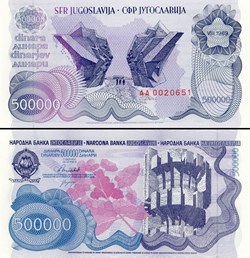 YOUGOSLAVIE - PICK 098a - 500 000 DINARA - 1989
