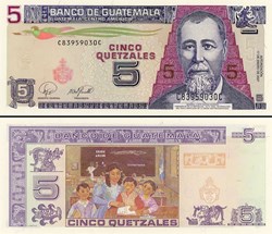 GUATEMALA - PICK 106c - 5 QUETZALES GUATÉMALTÈQUES