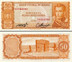 BOLIVIE - PICK 162 A 3 - 50 PESOS BOLIVIANOS - 1962