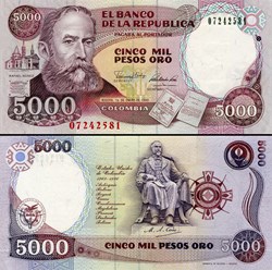 COLOMBIE - PICK 436 - 5000 PESOS DE ORO COLOMBIEN - 1990