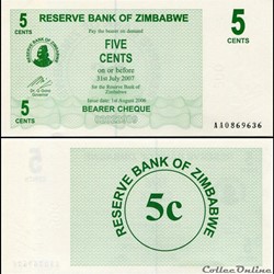 ZIMBABWE - PICK 034a - 5 Cents - 2006