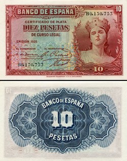 ESPAGNE - PICK 086 a - 10 PESETAS - 1935