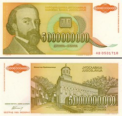YOUGOSLAVIE - PICK 135a - 5 000 000 000 DINARA - 1993