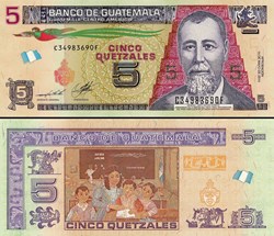 GUATEMALA - PICK 122Aa - 5 QUETZALES GUATÉMALTÈQUES
