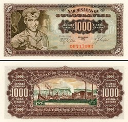 YOUGOSLAVIE - PICK 075a - 1000 DINARA - 1963