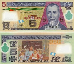 GUATEMALA - PICK 122a - 5 QUETZALES GUATÉMALTÈQUES