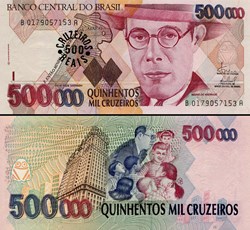 BRÉSIL - PICK 239b - 500 CRUZEIROS REAIS SUR 500 000 CRUZEIROS - 1993