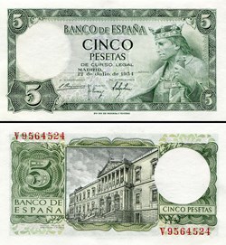 ESPAGNE - PICK 146 - 5 PESETAS - 1954