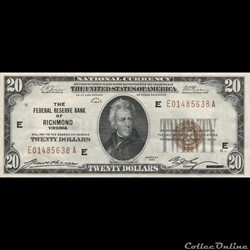 $20 FEDERAL RESERVE BANK NOTE -  BROWN SEAL 1929