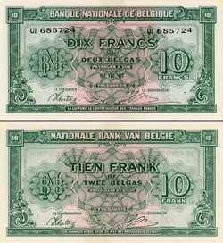 BELGIQUE - PICK 122 a - 10 FRANCS - 1943