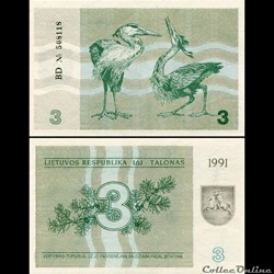 LITUANIE - PICK 33 b - 3 TALONAS - 1991