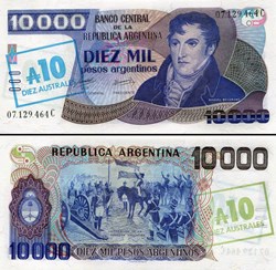 ARGENTINE - PICK 322 b  - 10 AUSTRALES sur 10 000 PESOS - 1985