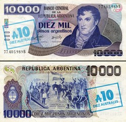 ARGENTINE - PICK 322 a  - 10 AUSTRALES sur 10 000 PESOS - 1985