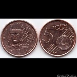 5 cent : 2007 Marianne, symbole de la République française.