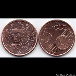 5 cent : 2001 Marianne, symbole de la République française.