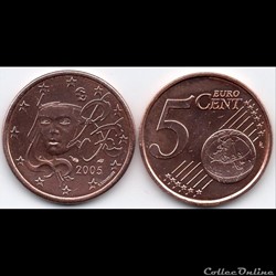 5 cent : 2005 Marianne, symbole de la République française.