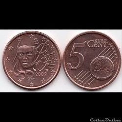 5 cent : 2009 Marianne, symbole de la République française.