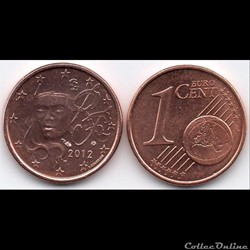 1 cent : 2012 Marianne, symbole de la République française.
