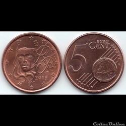 5 cent : 2015 Marianne, symbole de la République française.