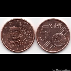 5 cent : 2010 Marianne, symbole de la République française.