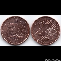 2 cent : 2001 Marianne, symbole de la République française.