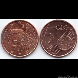 5 cent : 1999 Marianne, symbole de la République française.