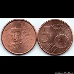 5 cent : 2016 Marianne, symbole de la République française.